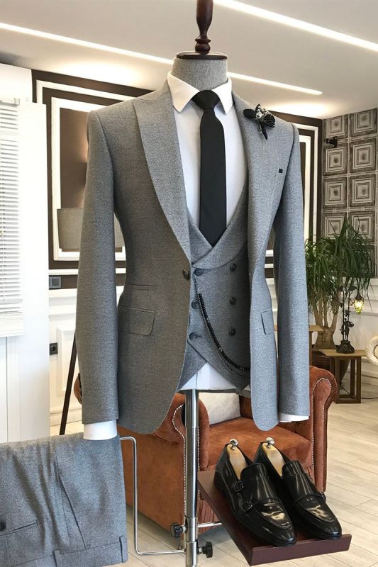 Franklin Fashion Grey Pointed Lapel One Button Custom Business Mens Suit