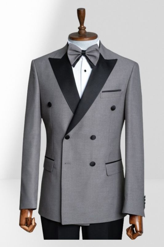 Stylish Grey Peak Collar Double Breasted Men Peak Collar Two Piece Wedding Suit