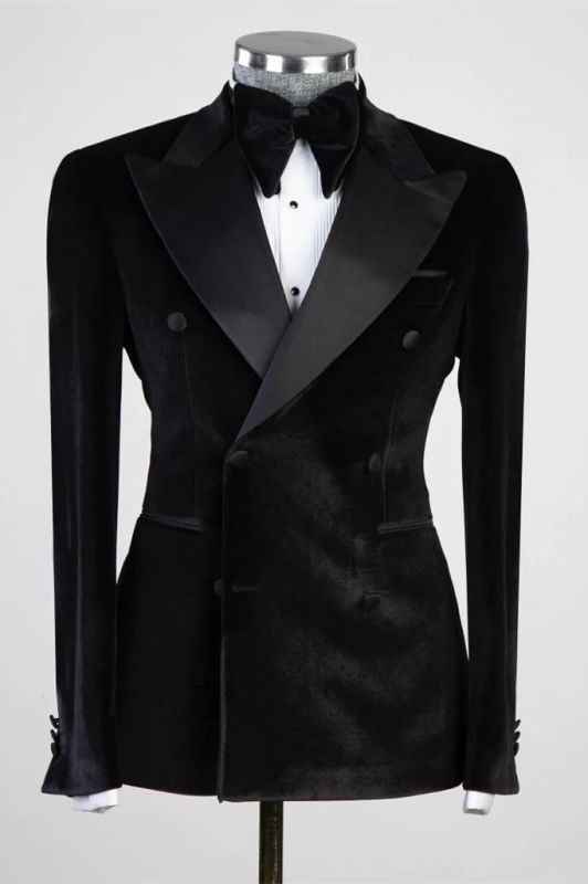 James Black Peaked Lapel Double Breasted Velvet Two Piece Prom Suits