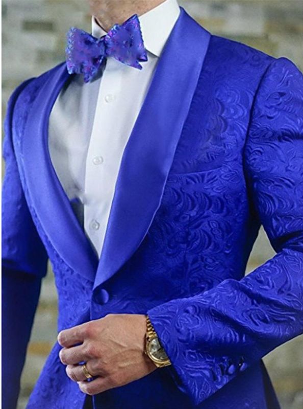 Royal Blue Shawl Lapel Groomsman Tuxedo |  Jacquard Mens Suit Prom Best Mens Blazer 2 pcs