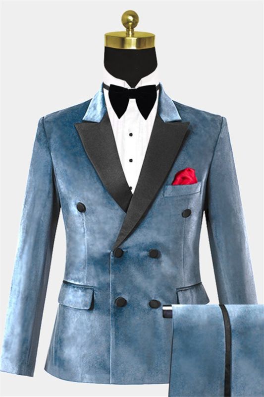 Steel Blue Velvet Tuxedo 2 Piece | Men Online Double Breasted Prom Suit