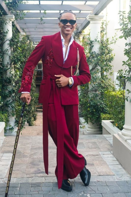 Knight Burgundy Shawl Lapel Beaded Prom Suit With Long Sash | Bradymensuit