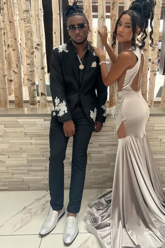 Black Shawl Lapel One Button Two Pieces Prom Suits With Appliques