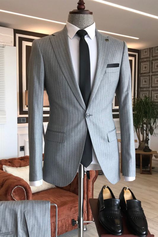 Quinn Formal Grey Striped Notched Lapel Slim Fit Business Mens Suit