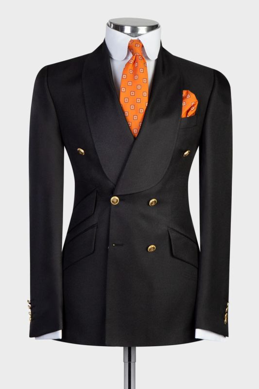 Elegant Black Gentleman Double Breasted Tuxedo | Shawl Collar Men's Tuxedo With Metal Buttons