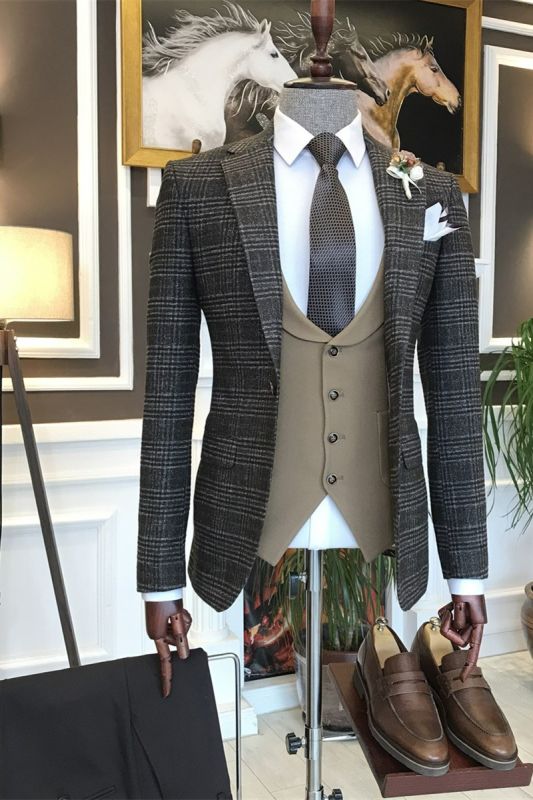 Bertran Chic Dark Grey Plaid Three Piece Point Lapel Business Men Suit