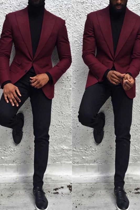 Black Burgundy Point Lapel Slim Fit Tailored Prom Men Suit