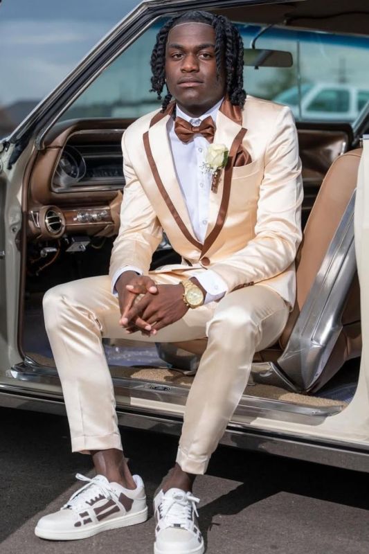 Hobart Champagne Notched Lapel Satin Prom Suit with Brown Binding | Bradymensuit