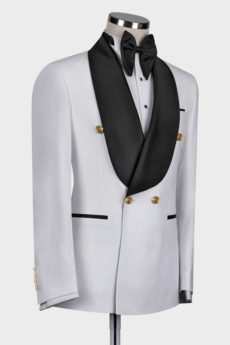 White Double-Breasted Wool Blend Shawl Collar Men's Wedding Suit with Gold Buttons