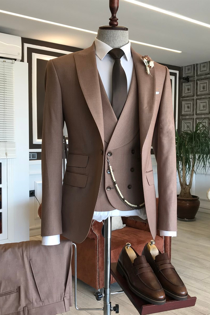 John Rose Brown Three-Piece Double-Breasted Vest Formal Suit