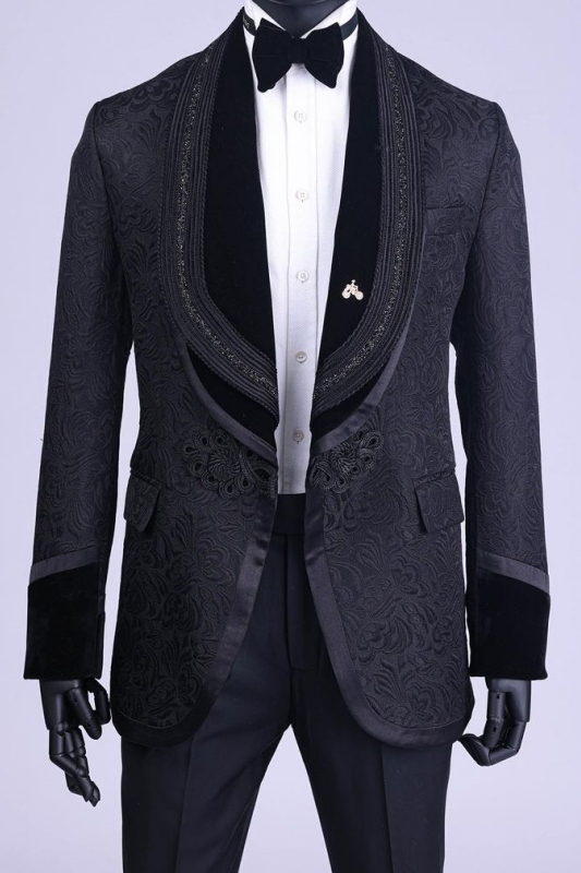 Black Jacquard Shawl Lapel Two-Piece Wedding Suit