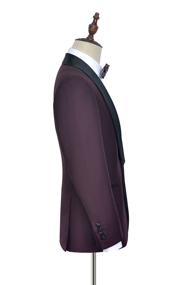 Luxury Black Shawl Collar One-Button Burgundy Wedding Suit