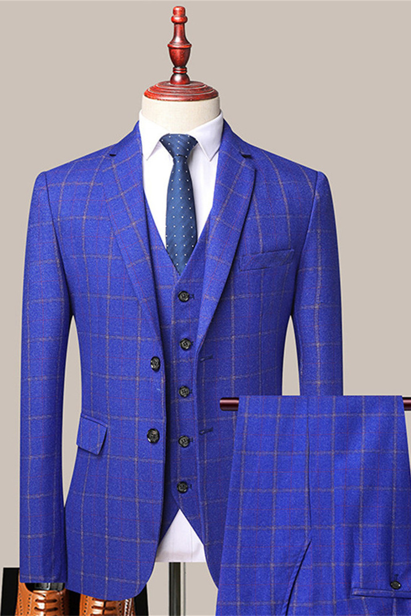 Stylish Plaid Slim Fit Formal Men Suits Reece Royal Blue Men Suits