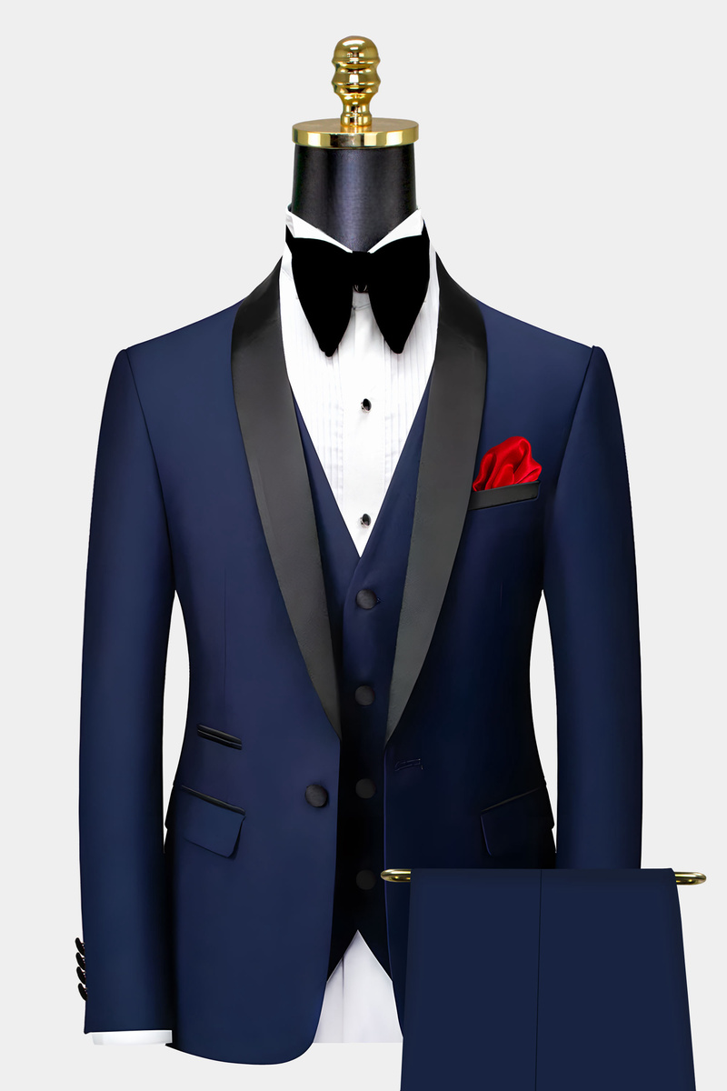 Brownie Navy Blue Slim Fit Shawl Collar Three-Piece Tuxedo Suit