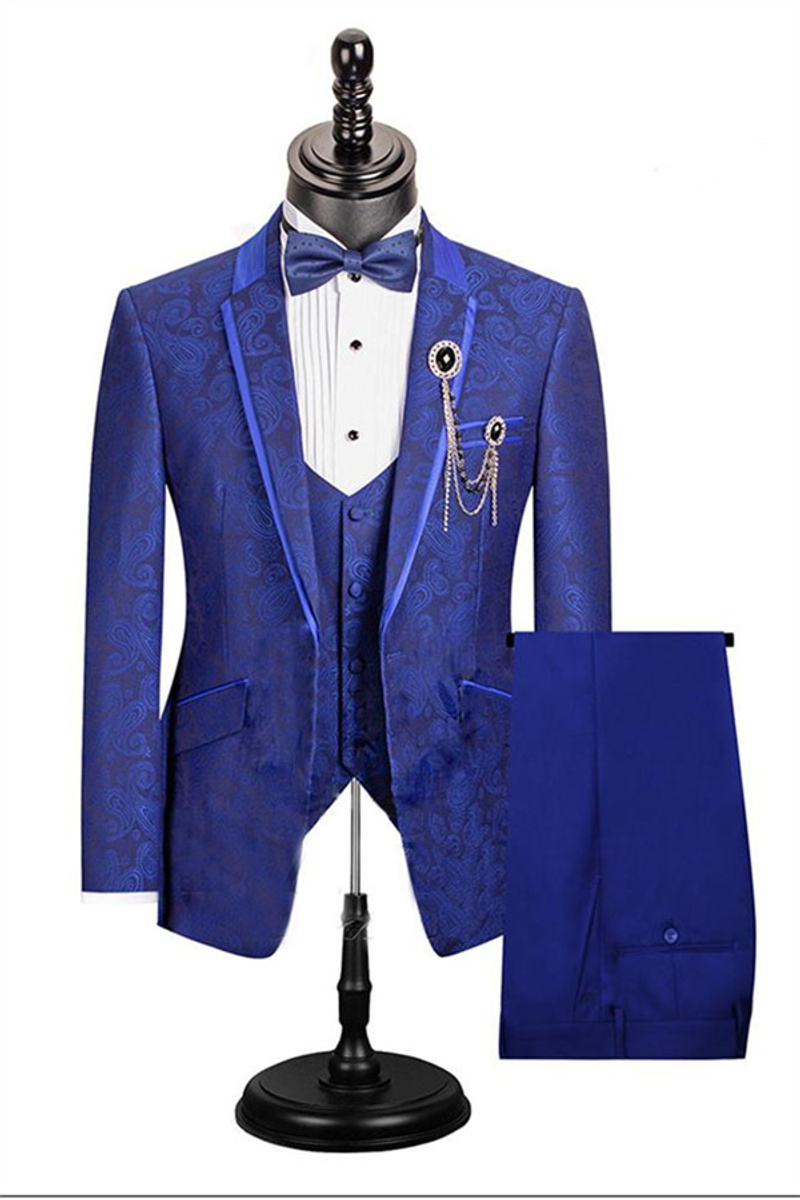 Royal Blue Paisley Pattern Dinner Ball Outfit Three Piece Single Button Men Fashion Jacket Outfit