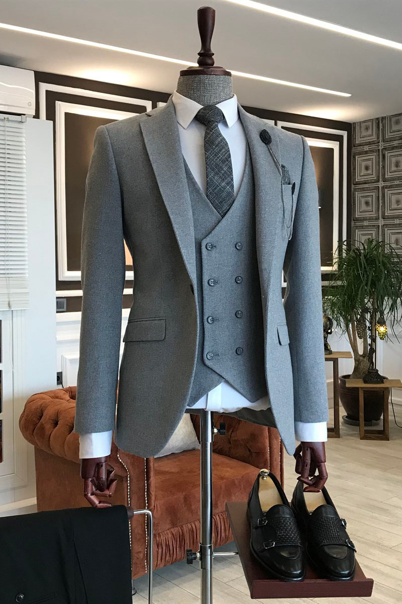 Primo Grey Three-Piece Notched Lapel Stylish Business Suit