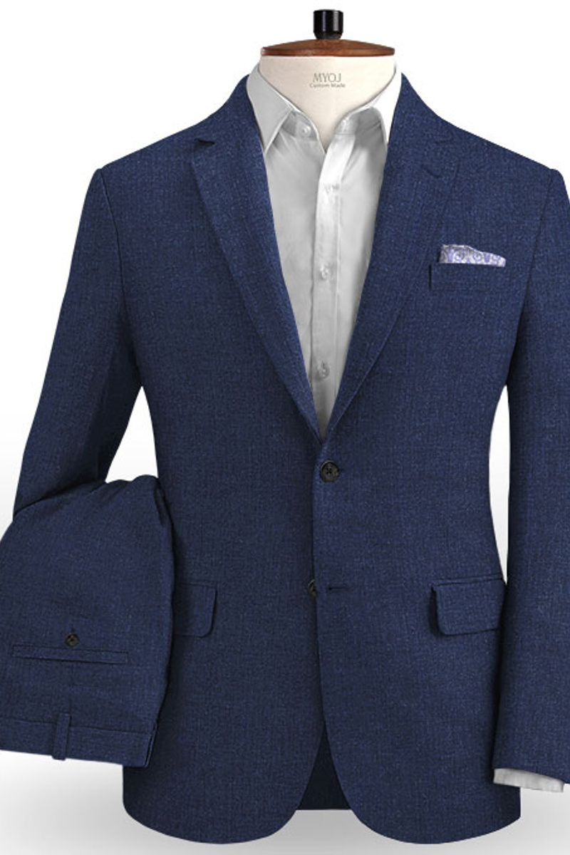 Design Summer Dark Blue Linen Suit Custom Slim Fit Two-Piece Tuxedo