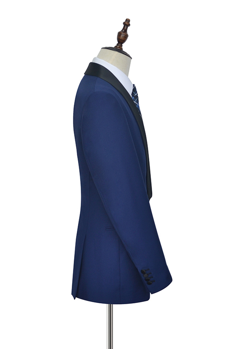 One-Button Black Silk Shawl Lapel Wedding Suit Fashion Blue Prom Suit