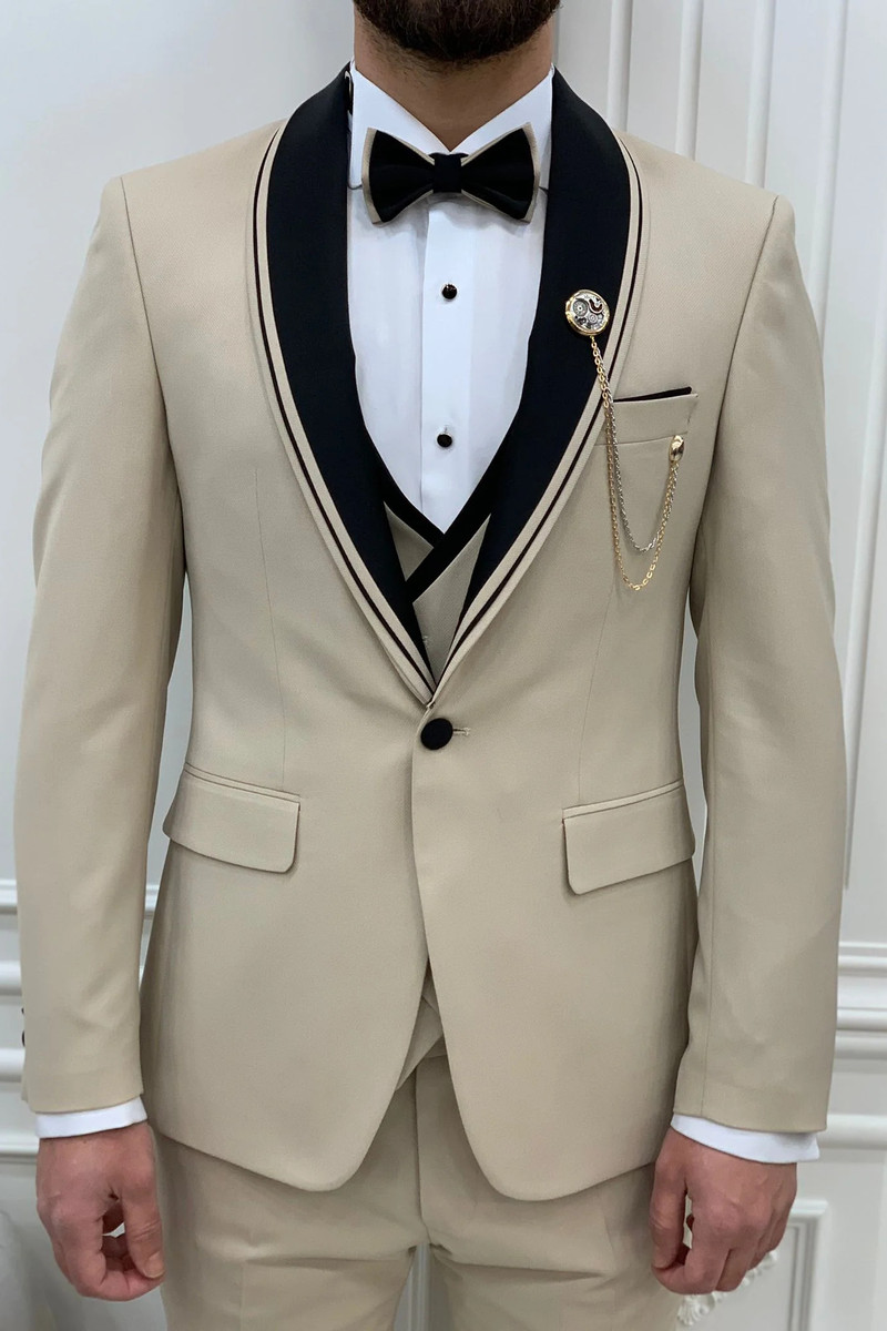 Italian Beige Slim Shawl Double Stripe Lapel Three-Piece Tuxedo