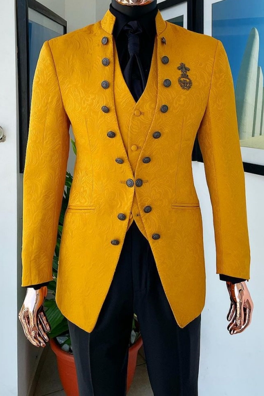 Gold Jacquard Three Pieces Prom Suits For Men