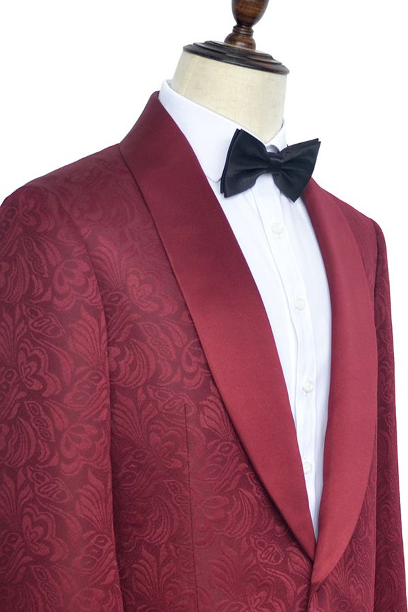 Luxury Burgundy Jacquard One-Button Silk Shawl Lapel Wedding and Prom Suit
