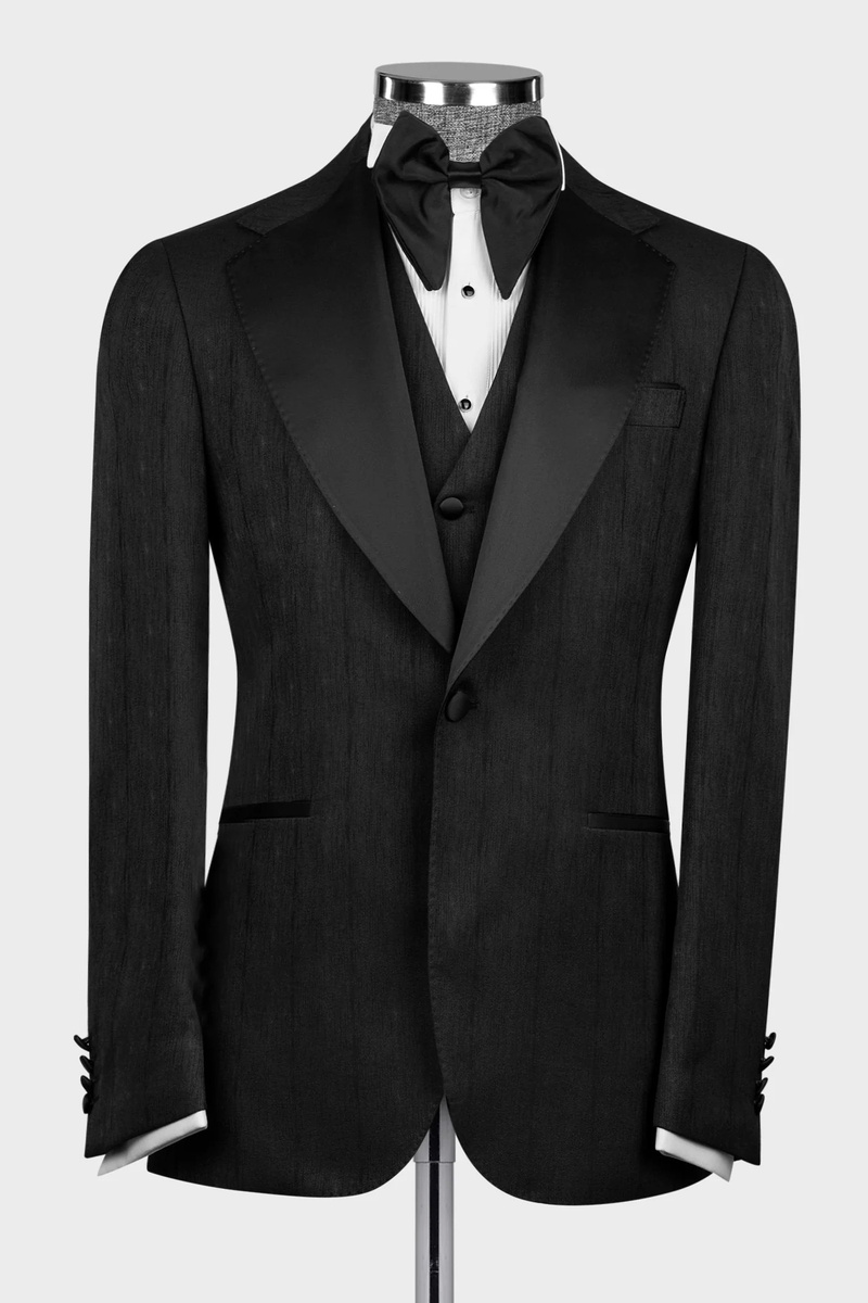 Modern Black Herringbone Notch Lapel Men's Three-Piece Suit