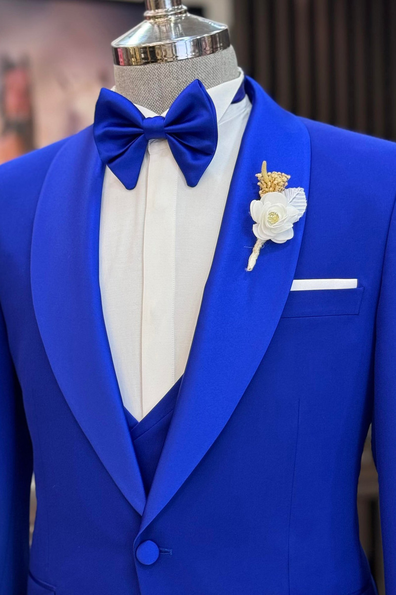 Dazzling Royal Blue Slim Fit Shawl Collar One-Button Groom Suit Three Piece