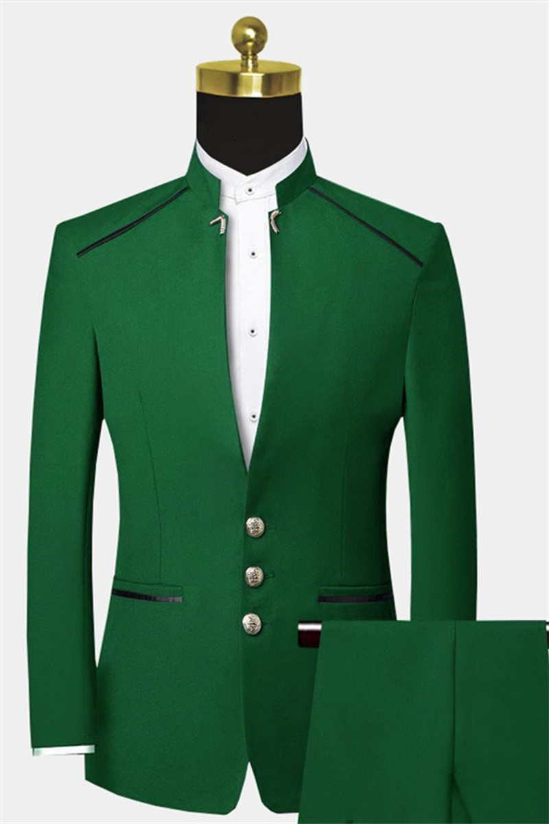 Green Two-Piece Suit Mandarin Collar Three-Button Prom Tuxedo