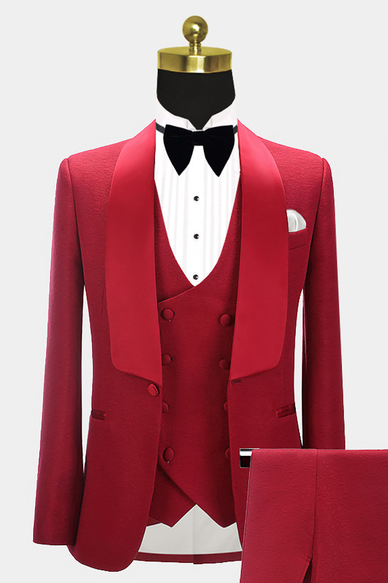 Abbas Red Three-Piece Fashion Shawl Lapel Wedding Groom Suit
