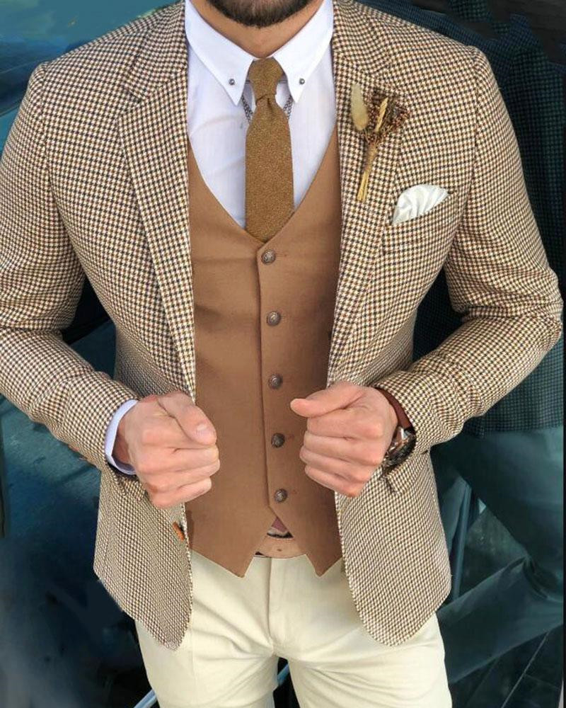 Camel Houndstooth Three Pieces Men Blazer Custom Slim Fit Jacket