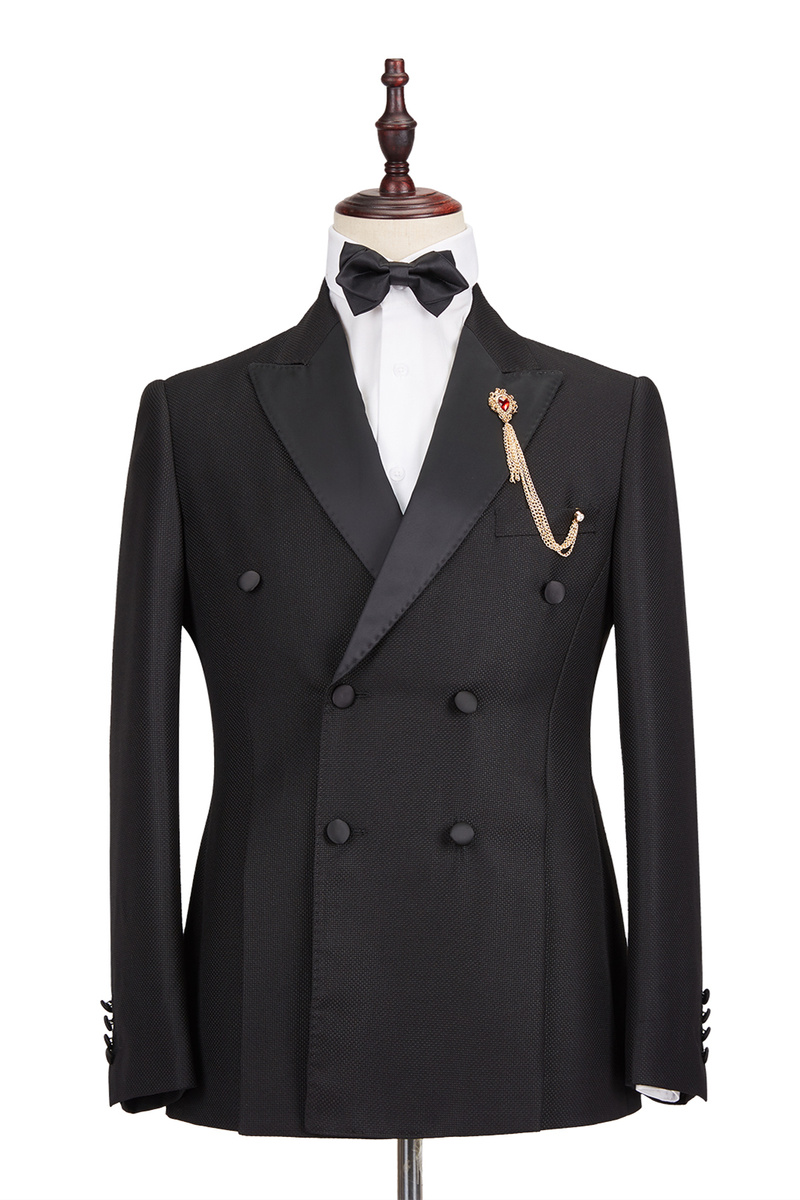 Classic Satin Peak Lapel Double-Breasted Black Wedding Suit
