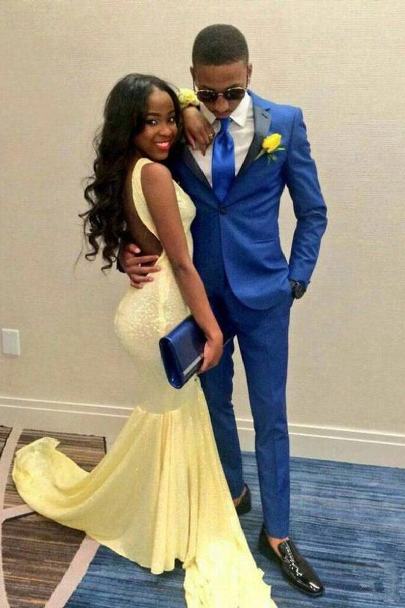 Mid Blue One Click Prom Costume Black Lapel Two Piece Men Suit