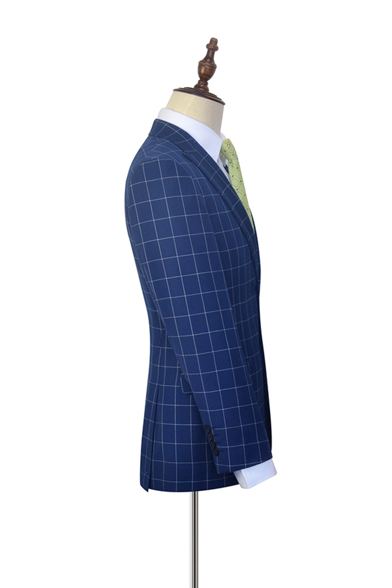 Flap Pocket Peak Lapel Grey Plaid Navy Blue Suit