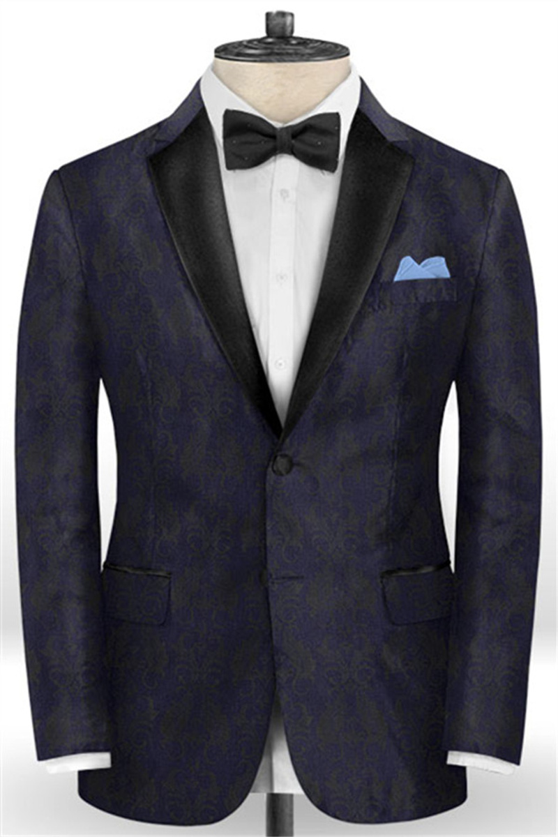 Navy Blue Jacquard Evening Suit for Prom Slim Fit Two Button Men Suit