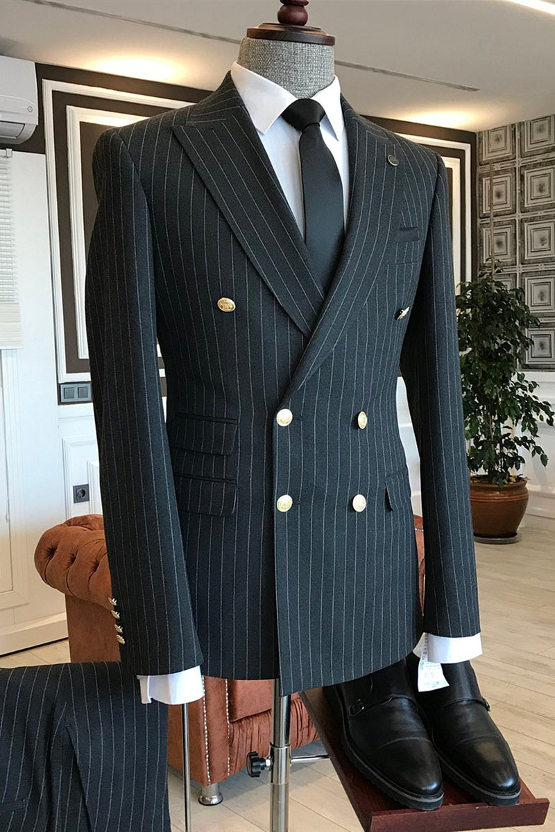 Nigel Formal Black Striped Point Lapel Double Breasted Business Suit
