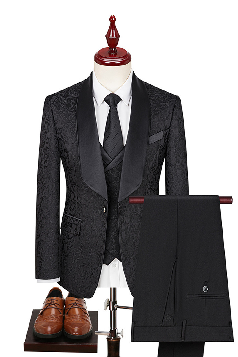 Black Shawl Collar Men's Jacquard Three-Piece Wedding Suit