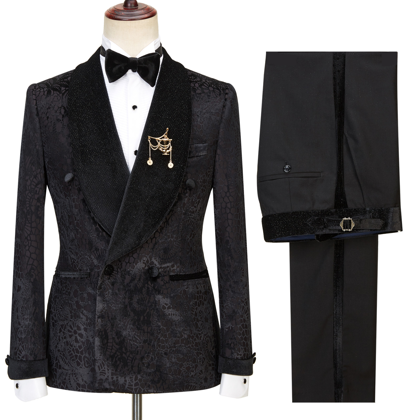 Alex Stylish Black Shawl Lapel Double-Breasted Glitter Pattern Wedding Suit