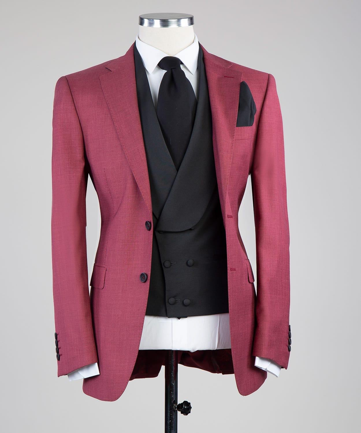 Warm Rose Red Three-Piece Custom Wedding Suit with Notched Lapels