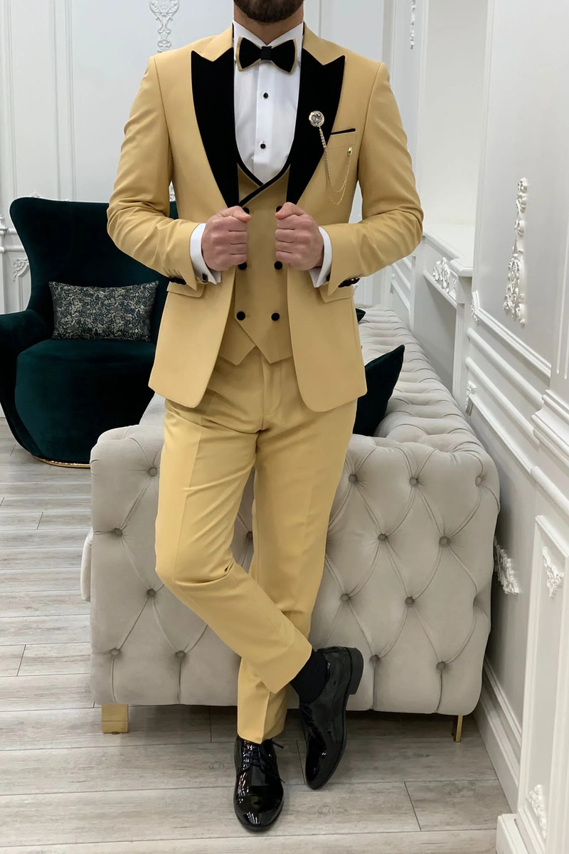 Modern Fashion Yellow Slim Fit Velvet Peak Collar Three Piece Tuxedo
