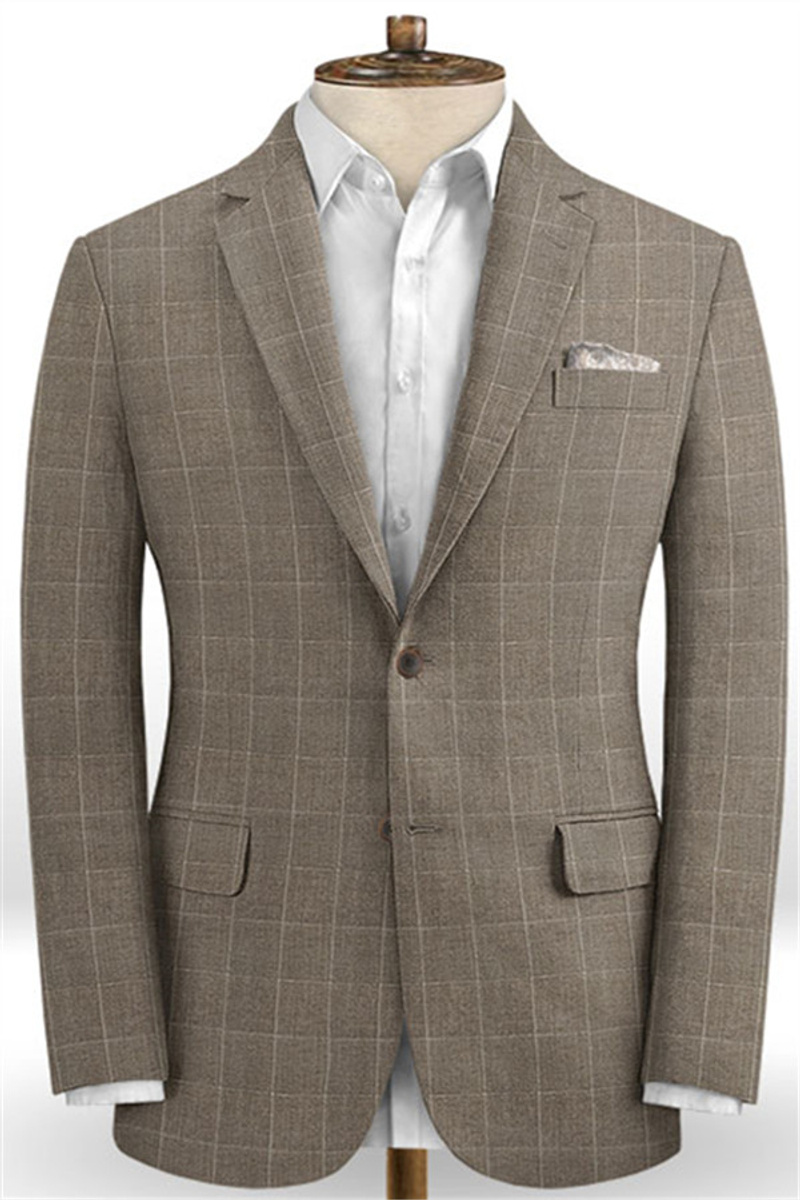Formal Two-Piece Linen Camel Plaid Wedding Suit Luxury Prom Suit