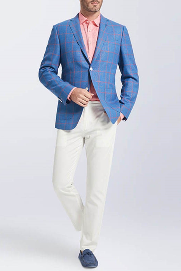 Fashion Patch Pocket Blue Blazer Men Pink Plaid Blazer