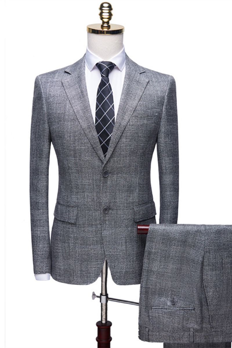 Dorian Simple Grey Notched Lapel Plaid Two Piece Formal Business Suit