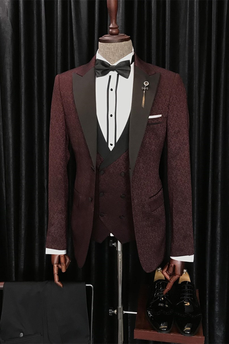 Barry Modern Burgundy Three-Piece Jacquard Lapel Wedding Suit