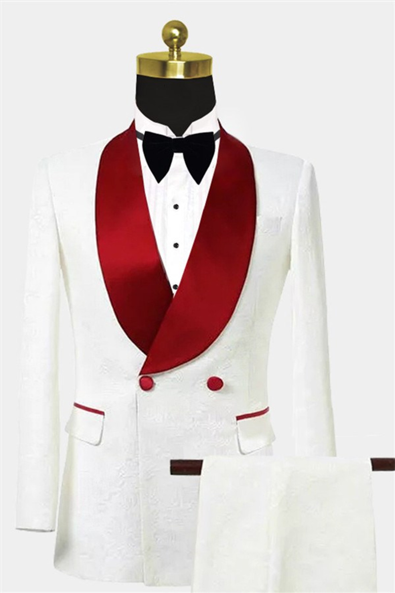 Double-Breasted Floral White Suit Unique Two-Piece Slim Fit Tuxedo