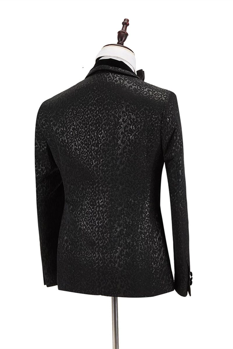 Stylish Velvet Lapel Double-Breasted Prom Suit Belted Leopard Black Jacquard Men's Wedding Suit