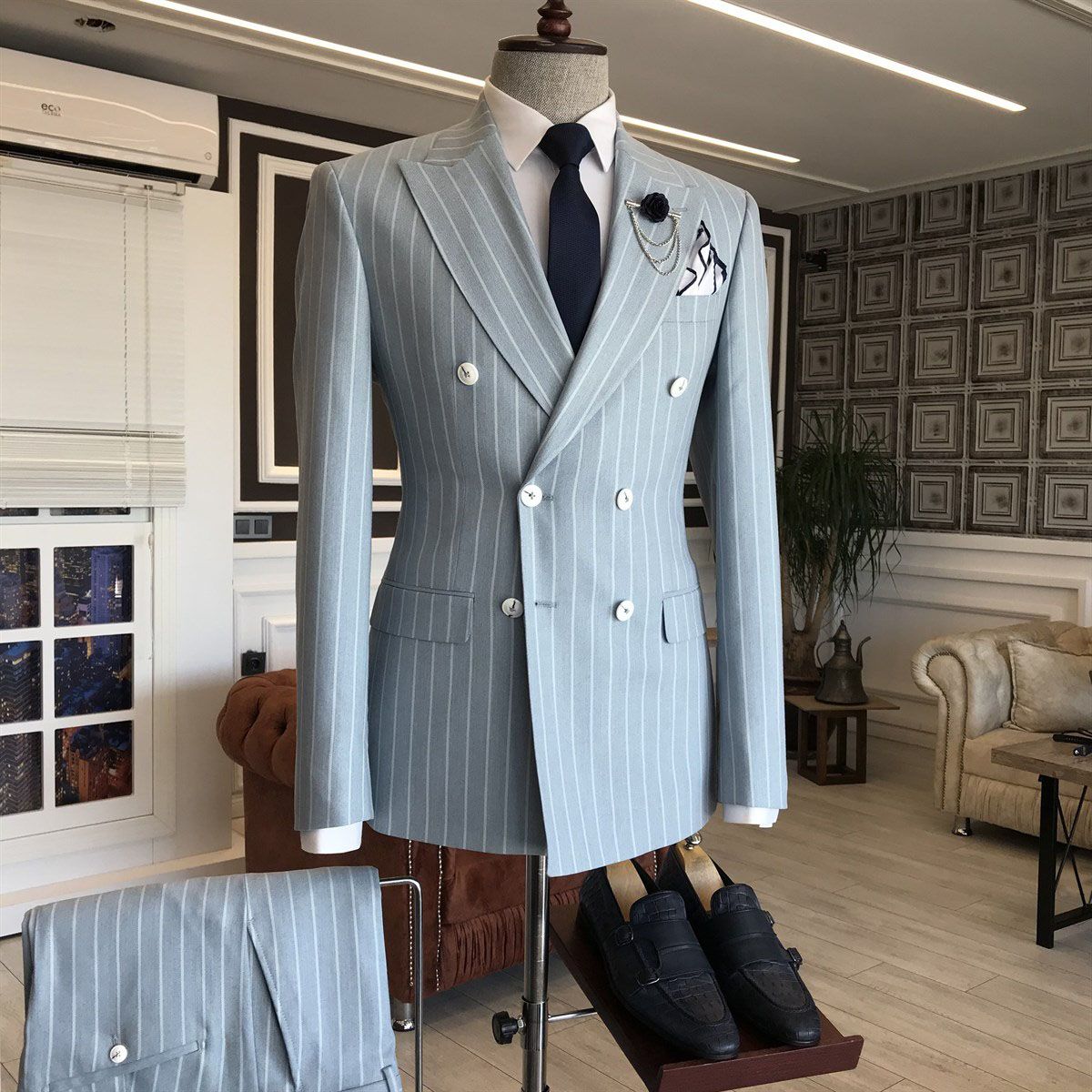 Dana Stylish Grey Striped Point Lapel Double-Breasted Business Suit