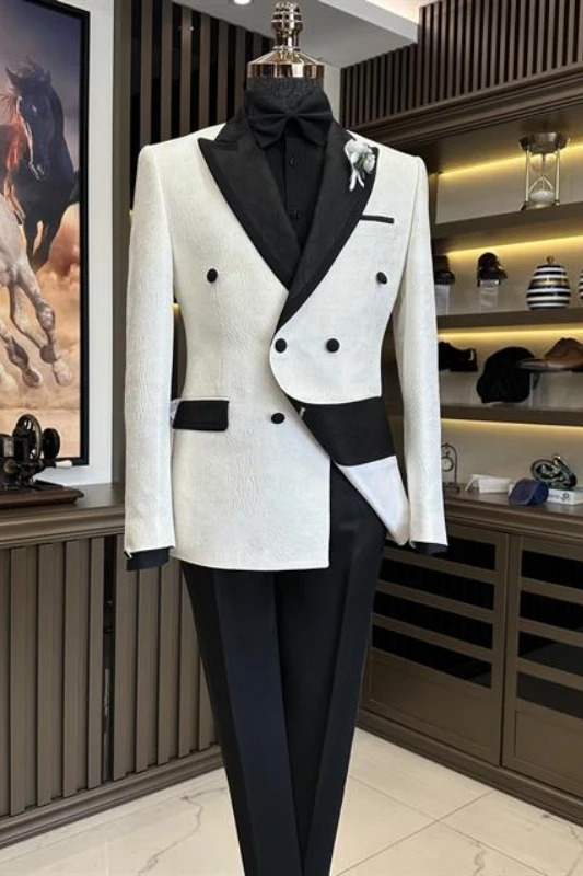 Black Satin Lapel Double-Breasted Jacquard Fashionable Prom Suit