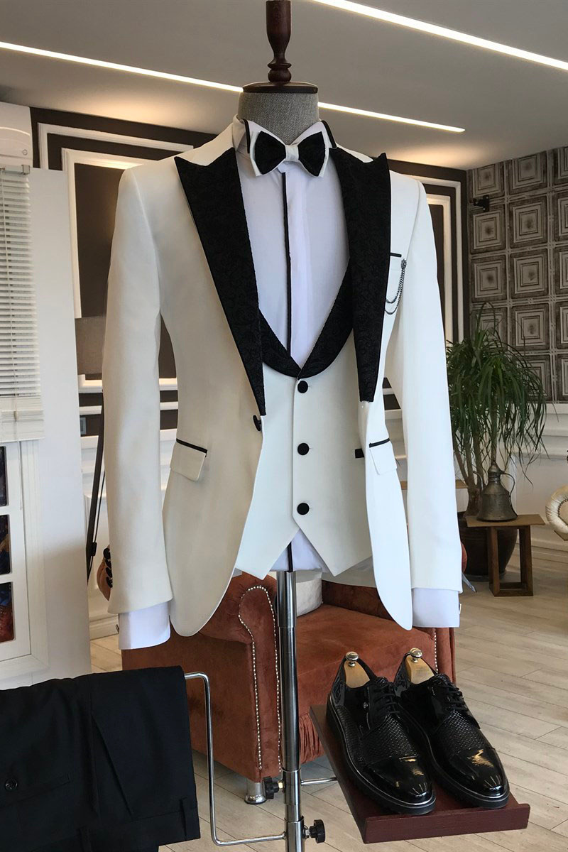 Carl Smart Three Piece White Prom Men Suit Mixed Black Point Lapel