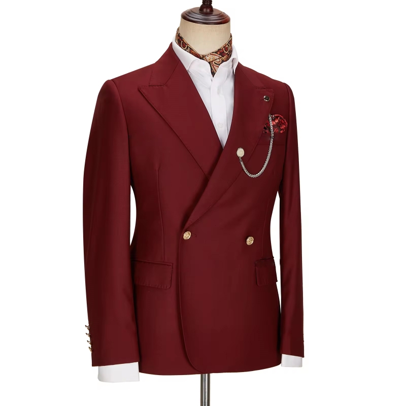 Charming Burgundy Peak Lapel Double-Breasted Gold Buttons Prom Suit