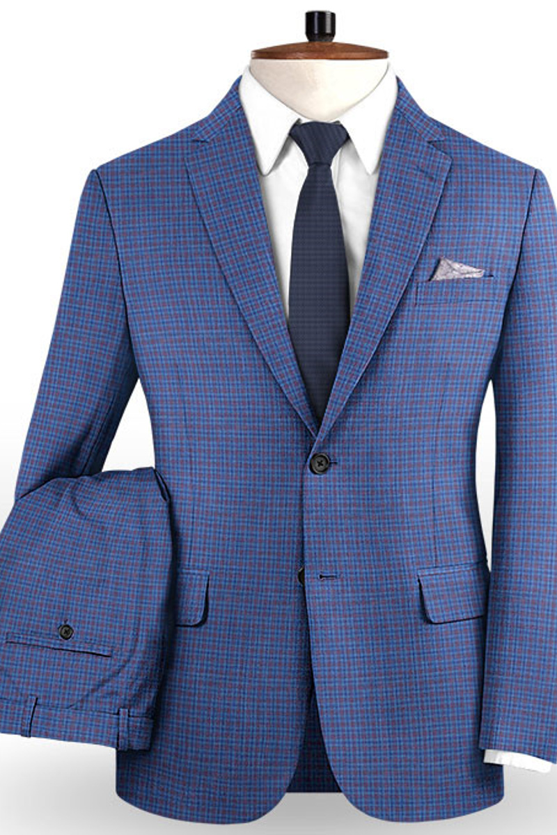 Skinny Blue Plaid Suit Fashion Notch Lapel Tuxedo